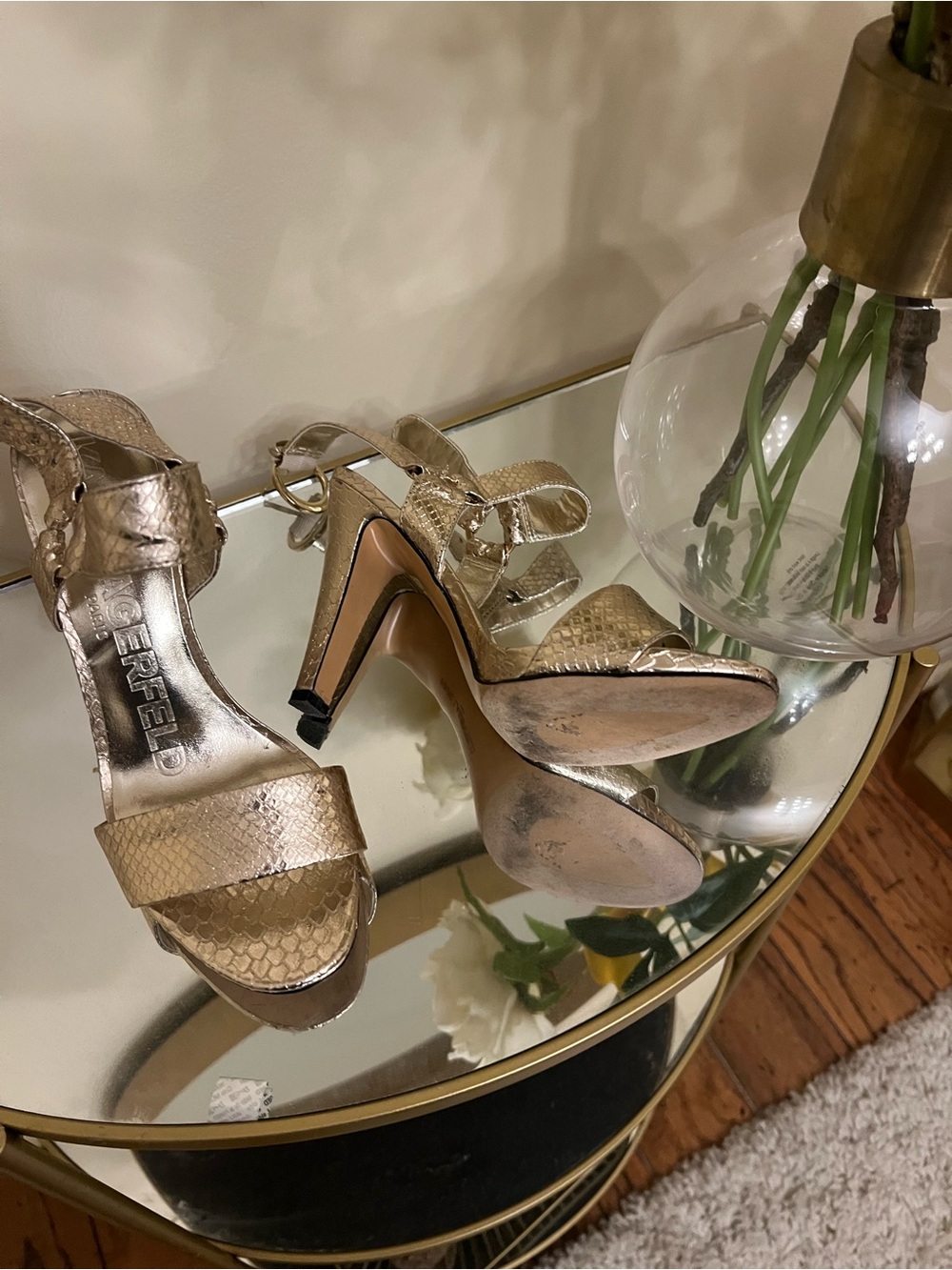 Karl Lagerfeld Rose Gold Snake-Embossed Block Heel Sandals - Picture 2 of 3